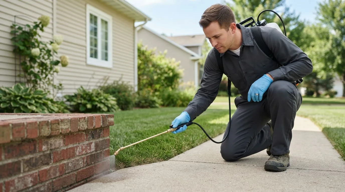 Pest control technician treating a home near Babylon, NY
